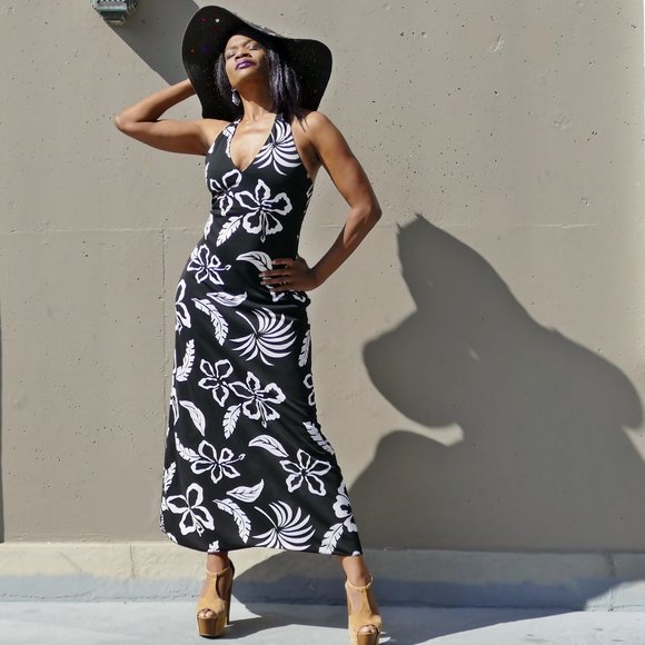 Vintage Lauren Ralph Lauren BnW Tropical Print Maxi Dress - Picture 1 of 8